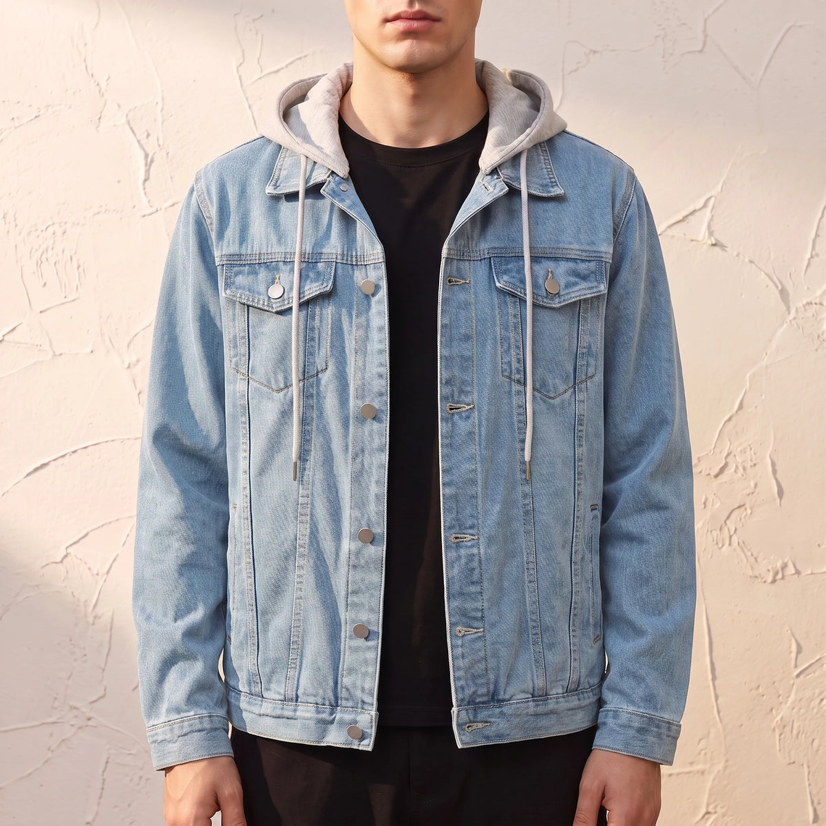 Renvo Trucker Jacket in Light Blue, pale wash denim trucker jacket with a detachable grey jersey hood and antique silver buttons