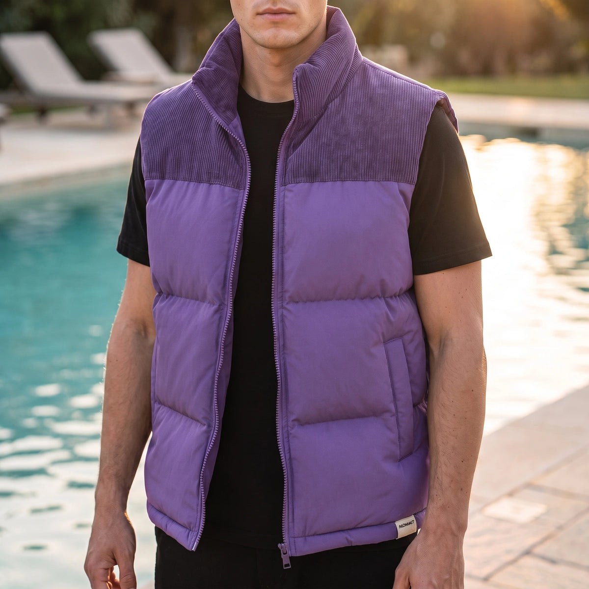 Brancourt Puffer Vest in Purple - quilted sleeveless vest with corduroy stand collar worn by a model poolside